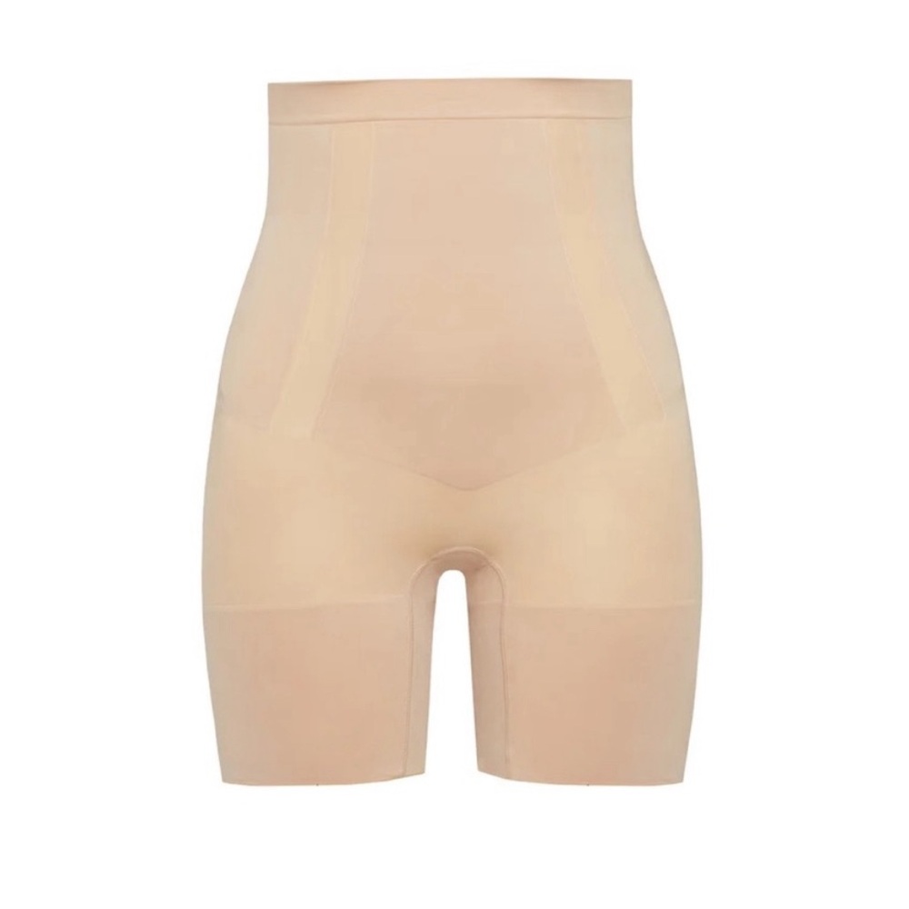 Spanx OnCore High-Waisted Mid-Thigh Shorts in Soft Nude